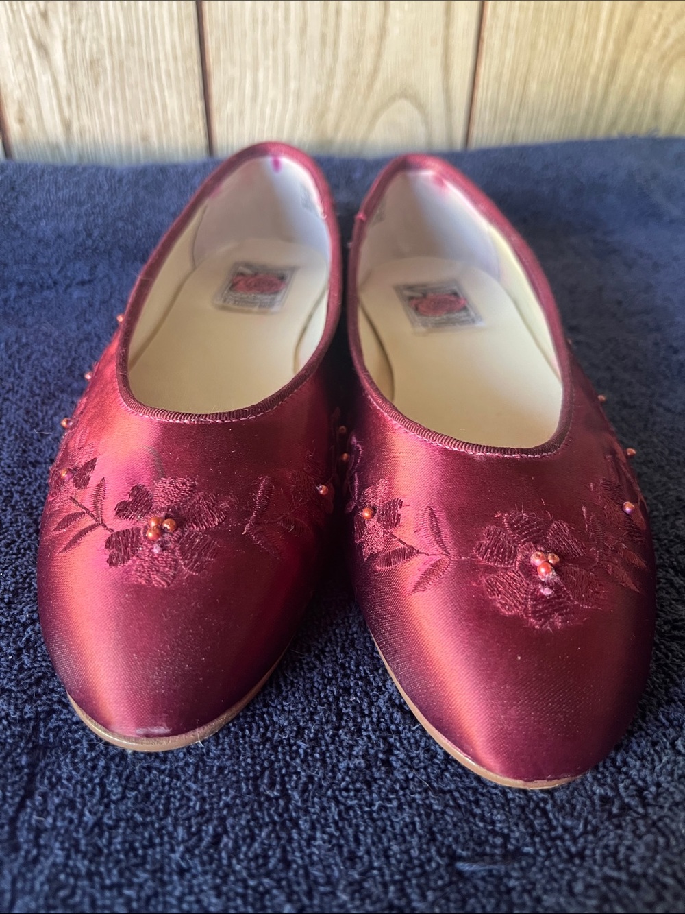 Burgundy Satin Floral Embroidered & Beaded Flats size 6.5 D